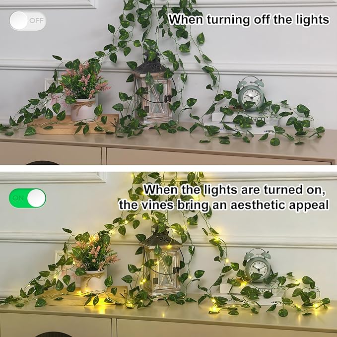CEWOR Pothos Vine with Fairy Lights Battery Operated, 40ft 120 LED Ivy String Lights, Artificial Ivy Garland with Lights for Bedroom, Room, Wall, Garden, Party, Wedding Decor