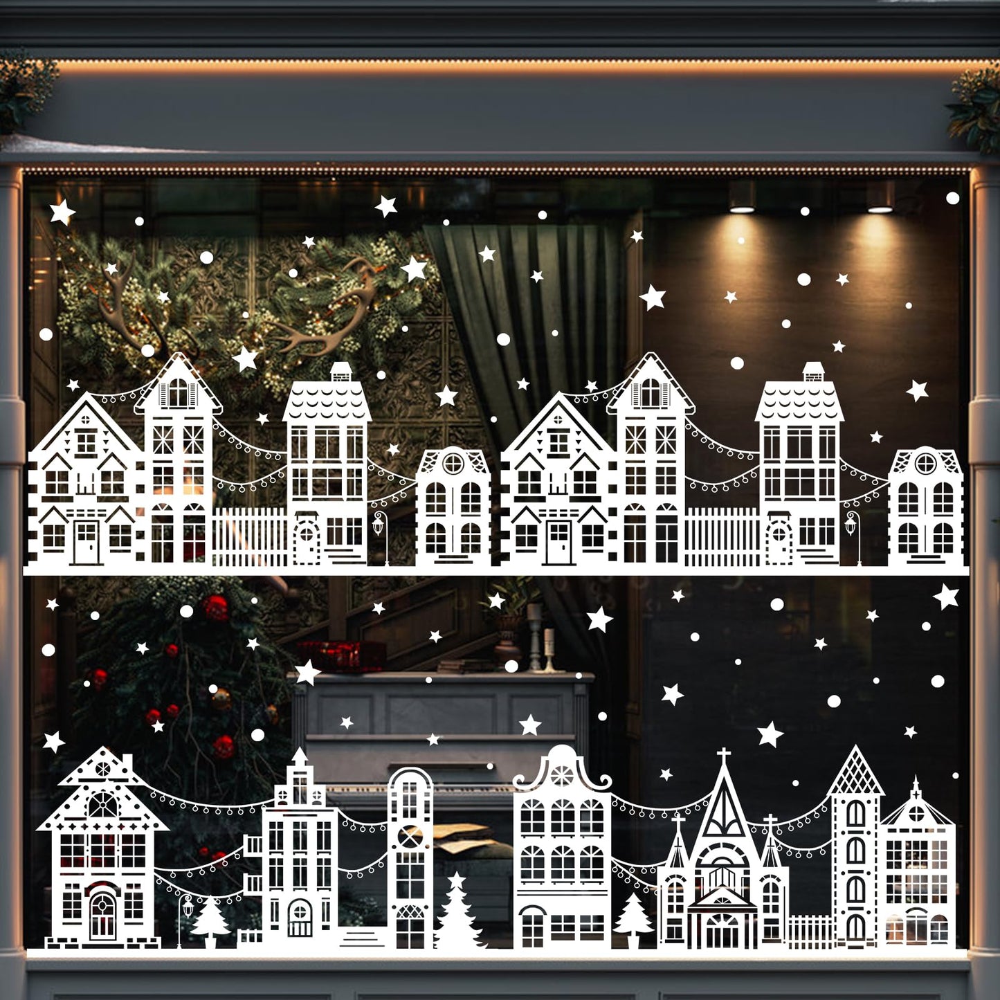 Vellibring 72" Christmas Window Clings,Winter House Window Decals White Simple Style Reusable Non Adhesive Street Scene Border Stickers for Home Cafe Shopping Mall Glass Door Christmas Decor