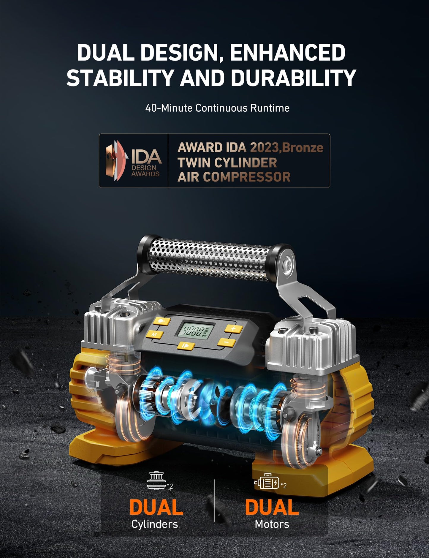 AstroAI Portable 160 PSI DC Heavy Duty Tire Inflator Pump Auto Shutoff with Screen, Dual Cylinders & Dual Motors, 12V Air Compressor for SUVs, RVs, ORVs, Cars, Air Mattresses, etc. Yellow(NO AC)