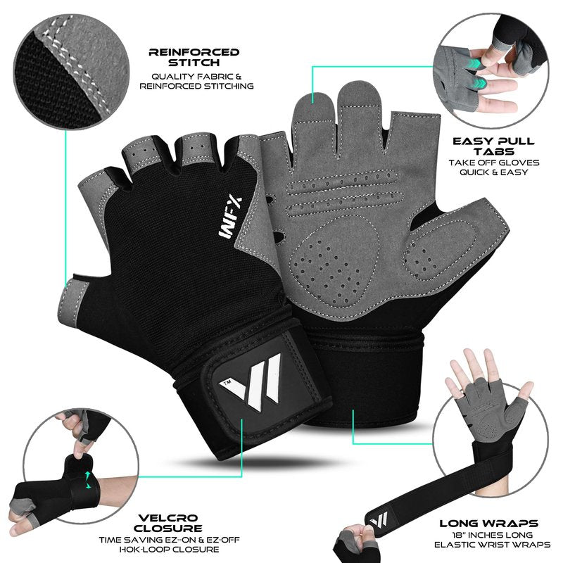 WESTWOOD FOX Gym Gloves Fitness Training Anti Slip Shock-Absorbing Weight Lifting Gloves Padded Grip Breathable Fingerless Workout Support for Men Women Cycling Exercise (Long Wristband, M)