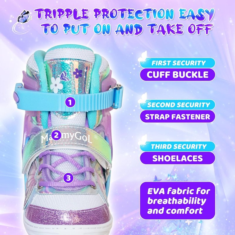 Inline Skates for Girls - Adjustable 4 Size Butterfly Roller Skates with Flashing Wheels | Indoor & Outdoor Use