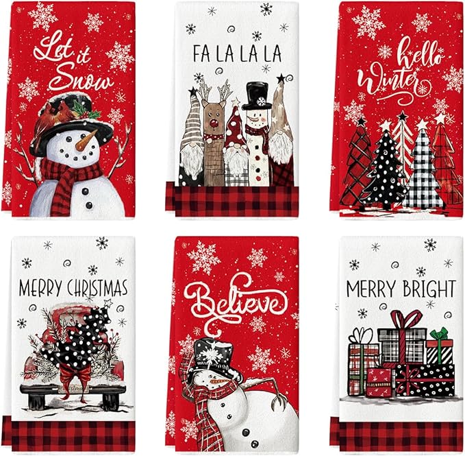 Artoid Mode Red Snowman Xmas Trees Santa Claus Truck Merry Christmas Kitchen Towels Dish Towels, 18x26 Inch Farmhouse Decoration Hand Towels Set of 6