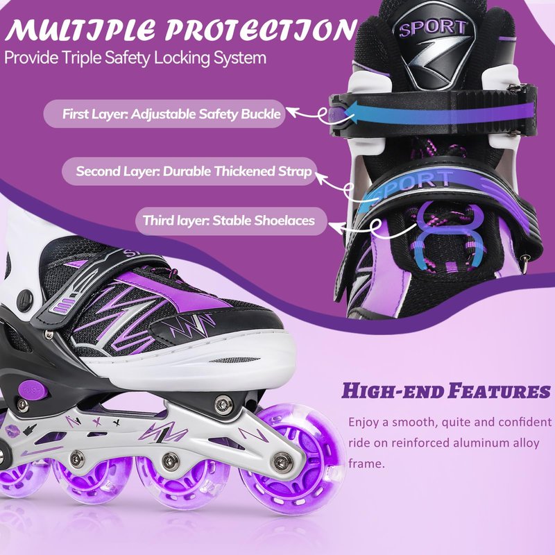 LEJIJIT Adjustable Kids Inline Skates for Girls Boys Children Beginners, Black & Purple Inline Skates with Light Up Wheels for Kids and Youth for Indoor Outdoor Sports (Medium)