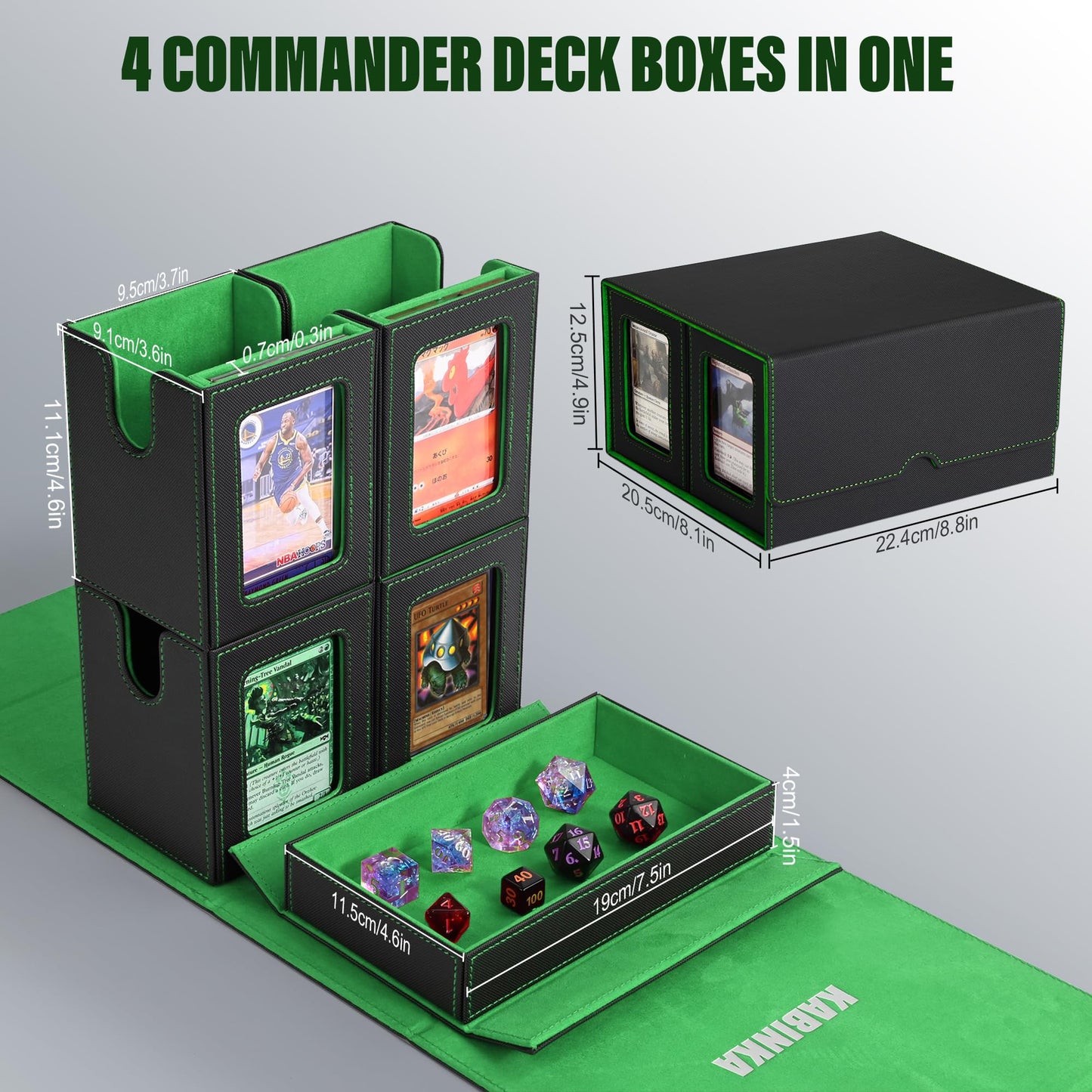Kabinka Card Deck Box for MTG Commander, Holds 400+ Double-Sleeved Cards, 5 IN 1 Detachable Card Case with Dice Tray, Fits Magic/TCG Cards, 4 Magnetic Card Holders & Dividers (Black Green)