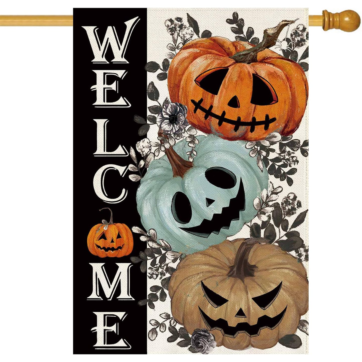Baccessor Halloween House Flag 28 x 40 Inch Double Sided,Spooky Pumpkin Welcome Ghost Burlap Large Garden Flag Farmhouse Holiday Porch Patio Outdoor Outside Decoration