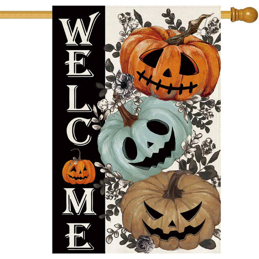 Baccessor Halloween House Flag 28 x 40 Inch Double Sided,Spooky Pumpkin Welcome Ghost Burlap Large Garden Flag Farmhouse Holiday Porch Patio Outdoor Outside Decoration