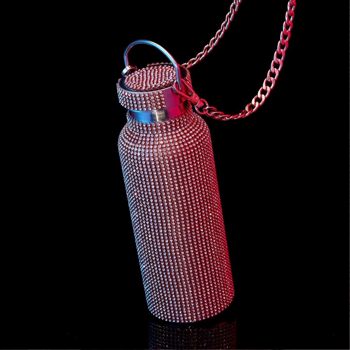 Geiserailie Diamond Water Bottle Bling Rhinestone Stainless Steel Thermal Bottle Refillable Insulated Glitter Water Jug with Chain for Women Girls Gifts(750 ml,Red)