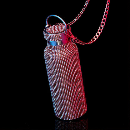 Geiserailie Diamond Water Bottle Bling Rhinestone Stainless Steel Thermal Bottle Refillable Insulated Glitter Water Jug with Chain for Women Girls Gifts(750 ml,Red)