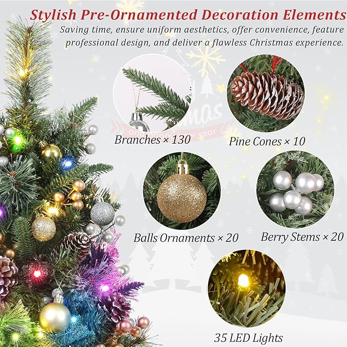 2 Packs 30 Inch Pre-Lit Outdoor Christmas Trees Urn Filler, Small Lighted Xmas Tree Holiday Décor with Multi-Color & WW Waterproof String Lights, Gold & Silver Berry Stems, 10 Pine Cones