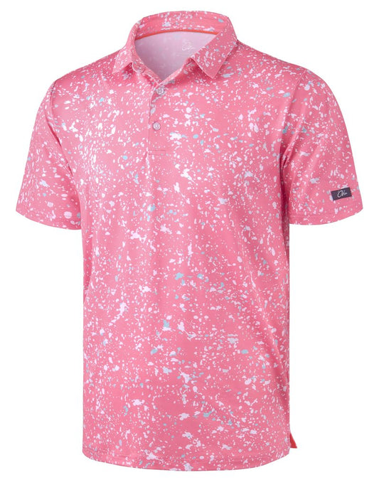 Obla Mens Golf Polo Shirts Short Sleeve Dry Fit Performance Moisture Wicking Casual Print Collared Golf Shirts for Men (Pink Colored Dots_XXL)