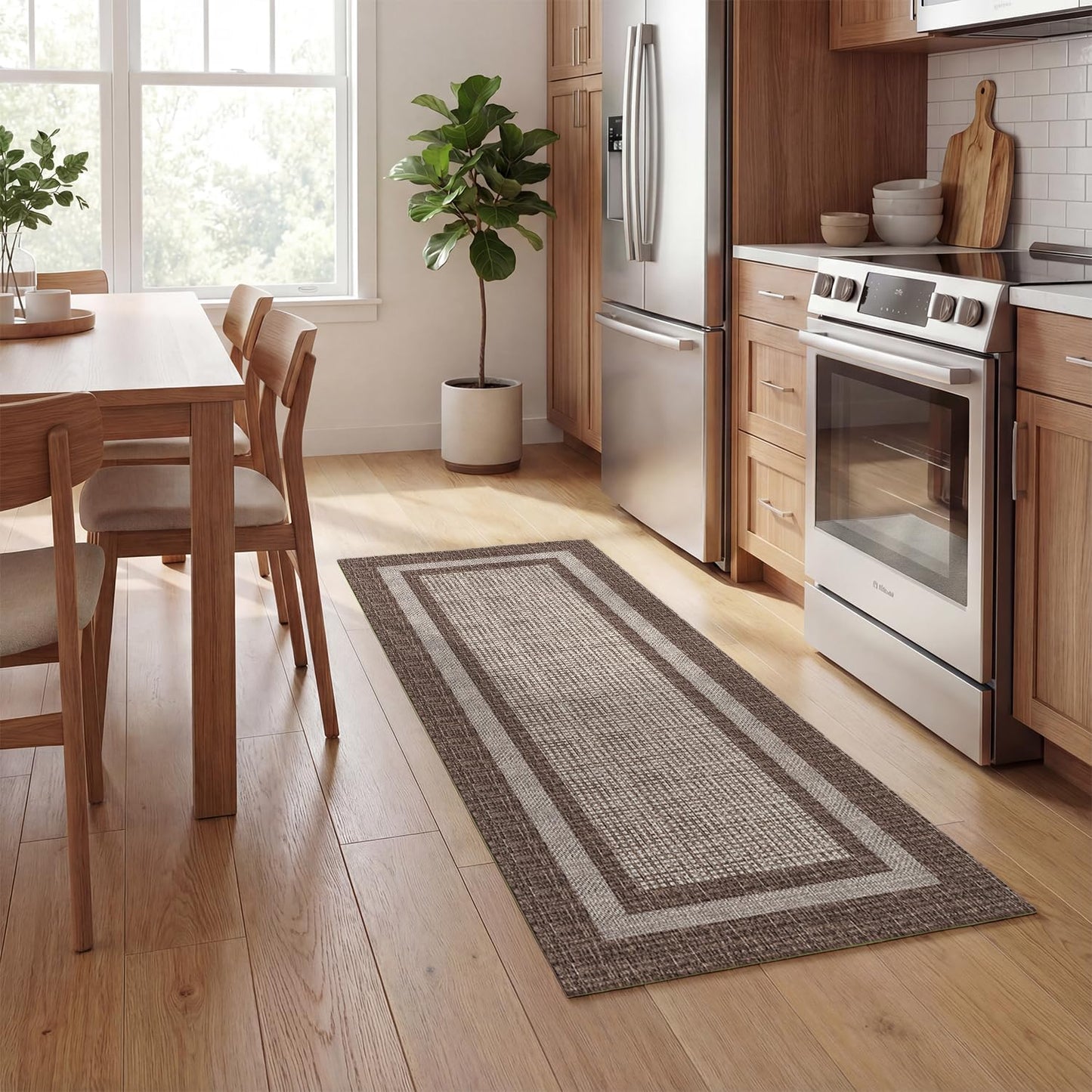 Artoid Mode Brown Rectangle Plaid Washable Doormat, Seasonal Decor Non Slip Low-Profile Absorbent Natural Rubber Back Door Mat 17x47 Inch