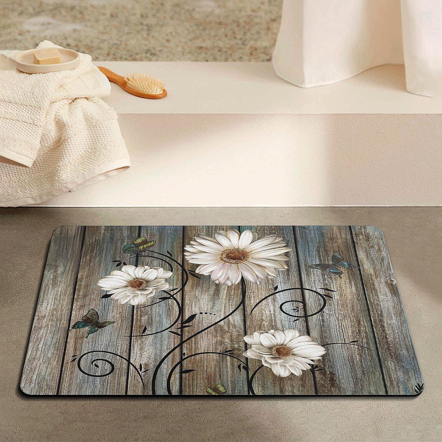Miffrank Rustic Daisy Bathroom Rugs Grey Floral Butterfly Bath Mat, Farmhouse Absorption Non-Slip Floor Mat, Daisy Bathroom Bedroom Decor(Rectangle,27×17 inch)