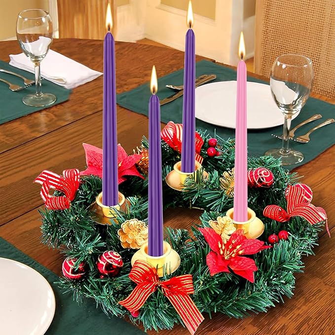 Christmas Advent Candle Set (Set of 4), 10 Inch Christmas Wax Taper Candles, 8 Hours Long Burning Time Dripless Unscented Dinner Candle, 3 Purple & 1 Pink