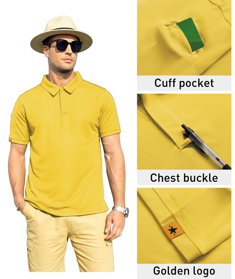 ZITY Mens Polo Shirt Short Sleeve Sports Tactical T-Shirt Athletic Golf Polos Daily Casual Stylish Collared Shirts for Men Pale Yellow Medium