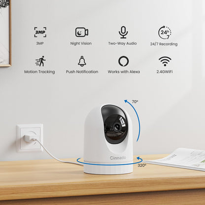 Cinnado WiFi Security Camera Indoor - 2K Pet Dog Cameras House Security with APP for Baby Monitor Home CCTV Wireless 360°, Motion Tracking, Smart Siren, IR Night Vision, D1