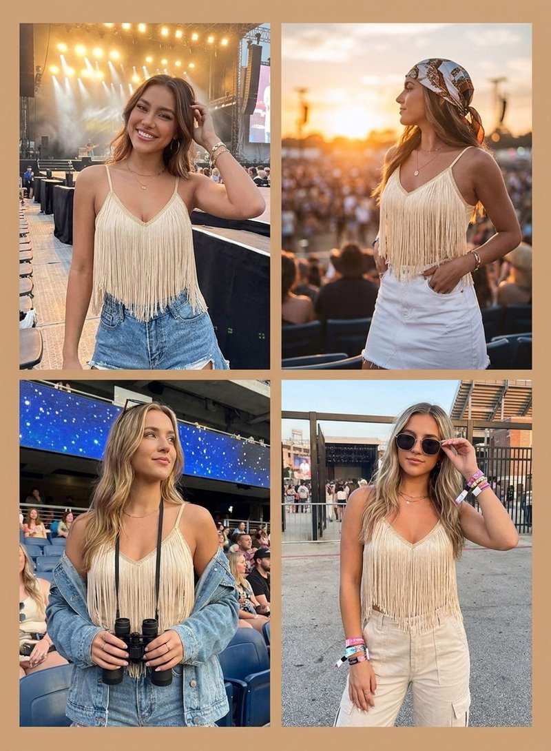 Womens Western Cowgirl Fringe Top - Country Concert Outfits Festival Tassel Hem Boho Rodeo Cowboy Rave Tank Shirt(Khaki,M,10742a)