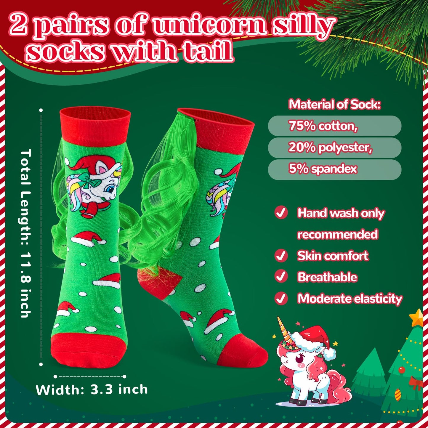 Tarpop 2 Pairs Crazy Funny Silly Socks for Girls Woman Wacky Socks with Wigs Novelty Crazy Funny Gift for Christmas(Christmas Unicorn,Medium)