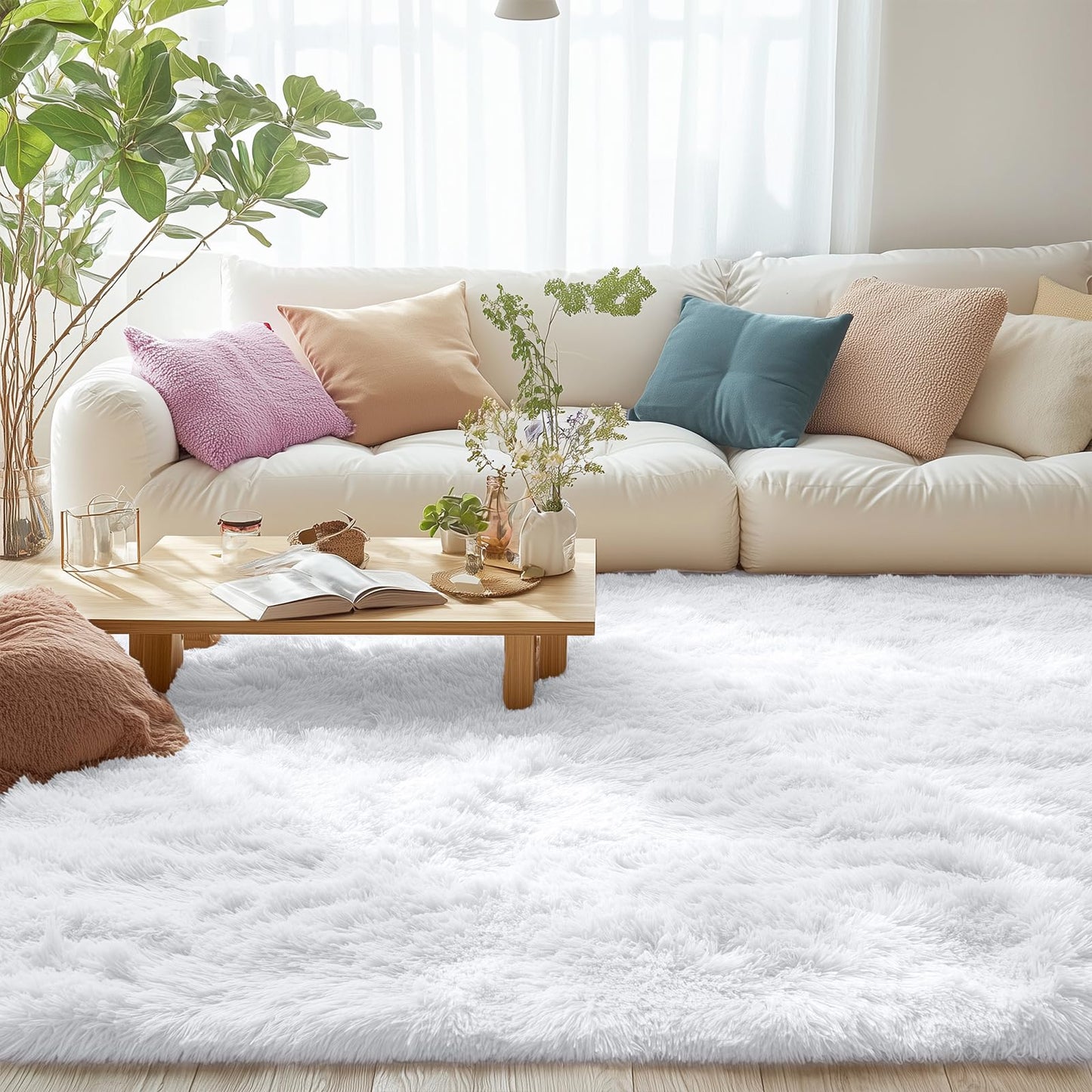 OLANLY 6x9 Machine Washable Large Area Rugs for Living Room, Bedroom, Soft Fluffy Shaggy Bedside Rug, Indoor Floor Carpet for Kids Girls and Boys, Dorms, Nursery, Home Decor Aesthetic, White