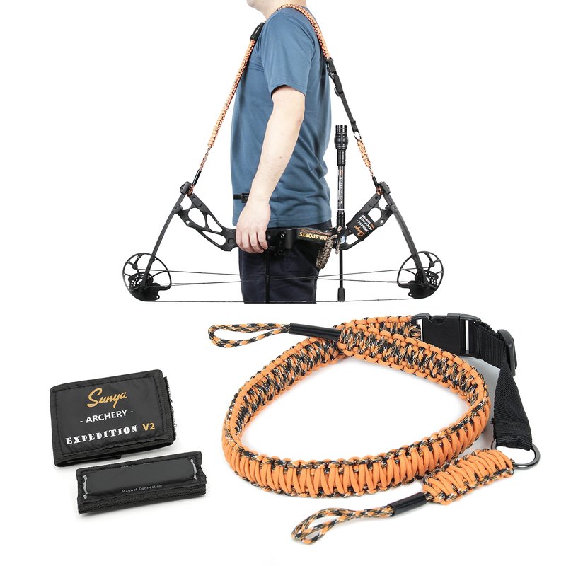 Sunya Paracord Compound Bow Sling with V2 Upgraded Magnetic Connection System. Lightweight Hands Free Shoulder Carrying Sling for Bow Hunting, Field Archery and 3D (Orange Flame Camo)