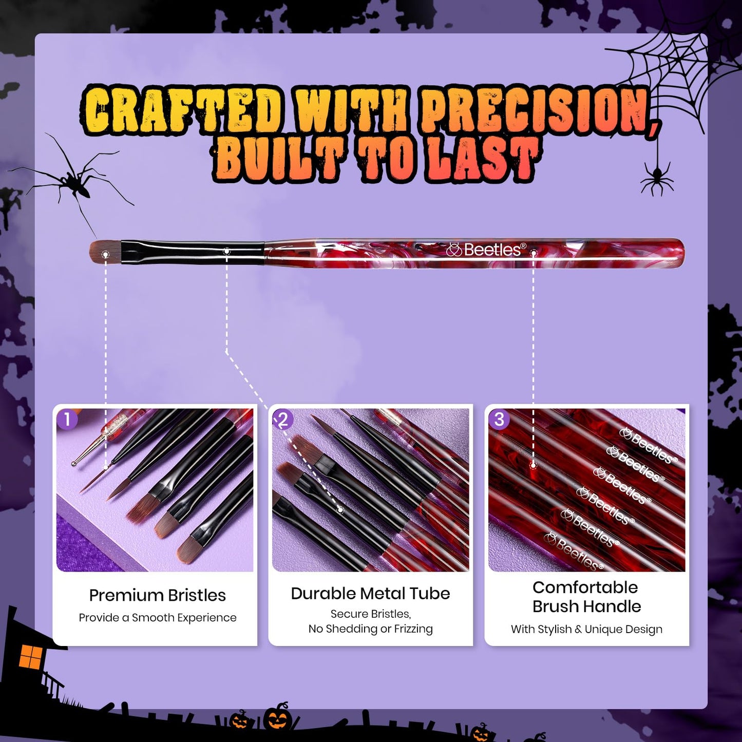 Beetles Halloween Nail Art Brushes, Blood Entwined Nail Art Pens 6pcs with Pumpkin Palette Holder Halloween Charms Manicure Design Dotting Tools Draw Liner Gradient French Brushes DIY Nails Supplies