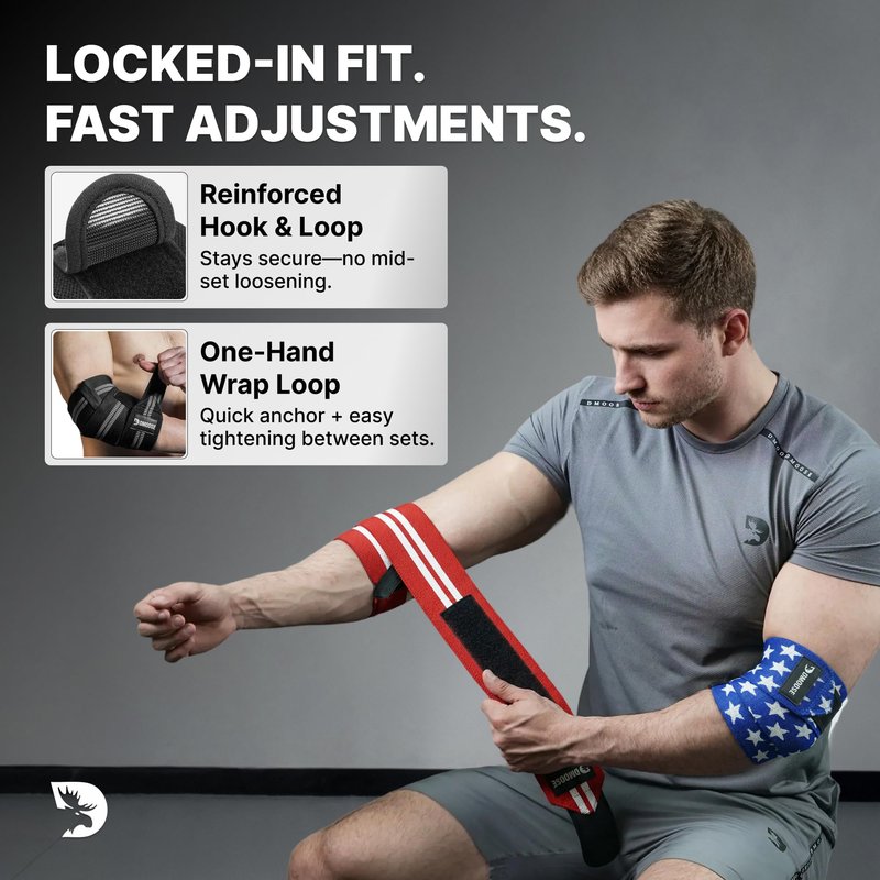 DMoose Fitness Elbow Wraps for Weightlifting (Pair) - 40'' Adjustable Strap for Gym Workout & Bench Press, Compression Elbow Sleeves for Tendonitis, Joint Support, Powerlifting & Deadlifts