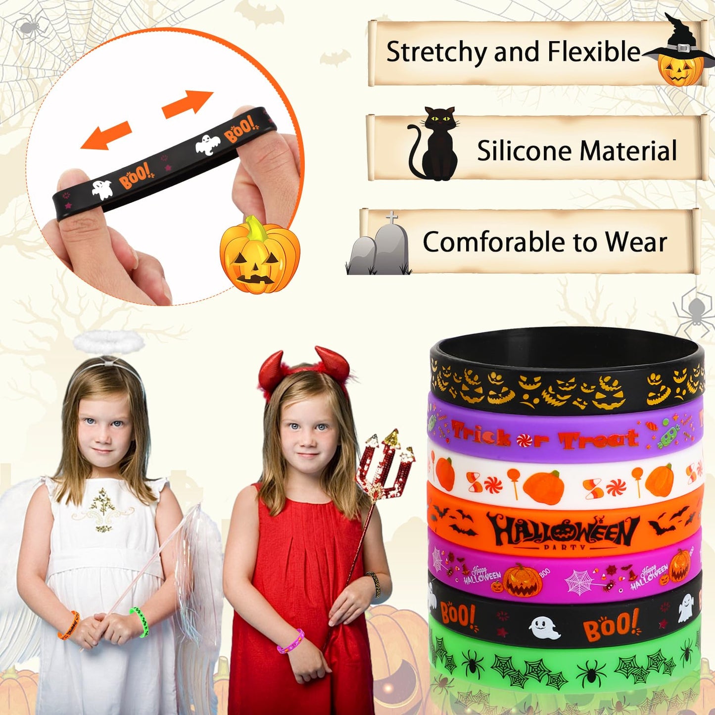 JUNEBRUSHS 42pcs Halloween Party Favors Silicone Bracelets Rubber Wristbands for Halloween Party Decorations Accessories Trick or Treat Goodie Bag Stuffers Fillers Supplies(7 Designs)