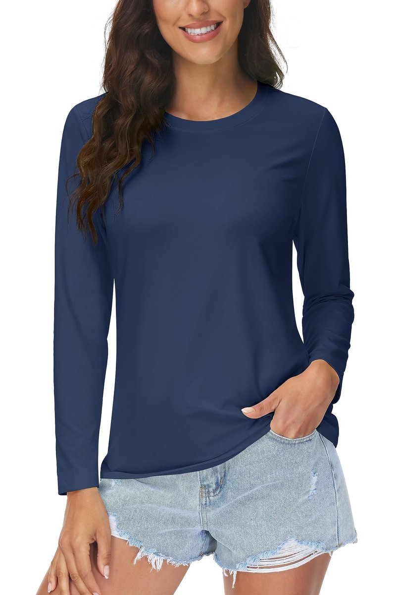 MAGCOMSEN SPF Shirts for Women Long Sleeve Quick Dry Lightweight T-Shirts Athletic Running Hiking Workout Tops Navy Blue M
