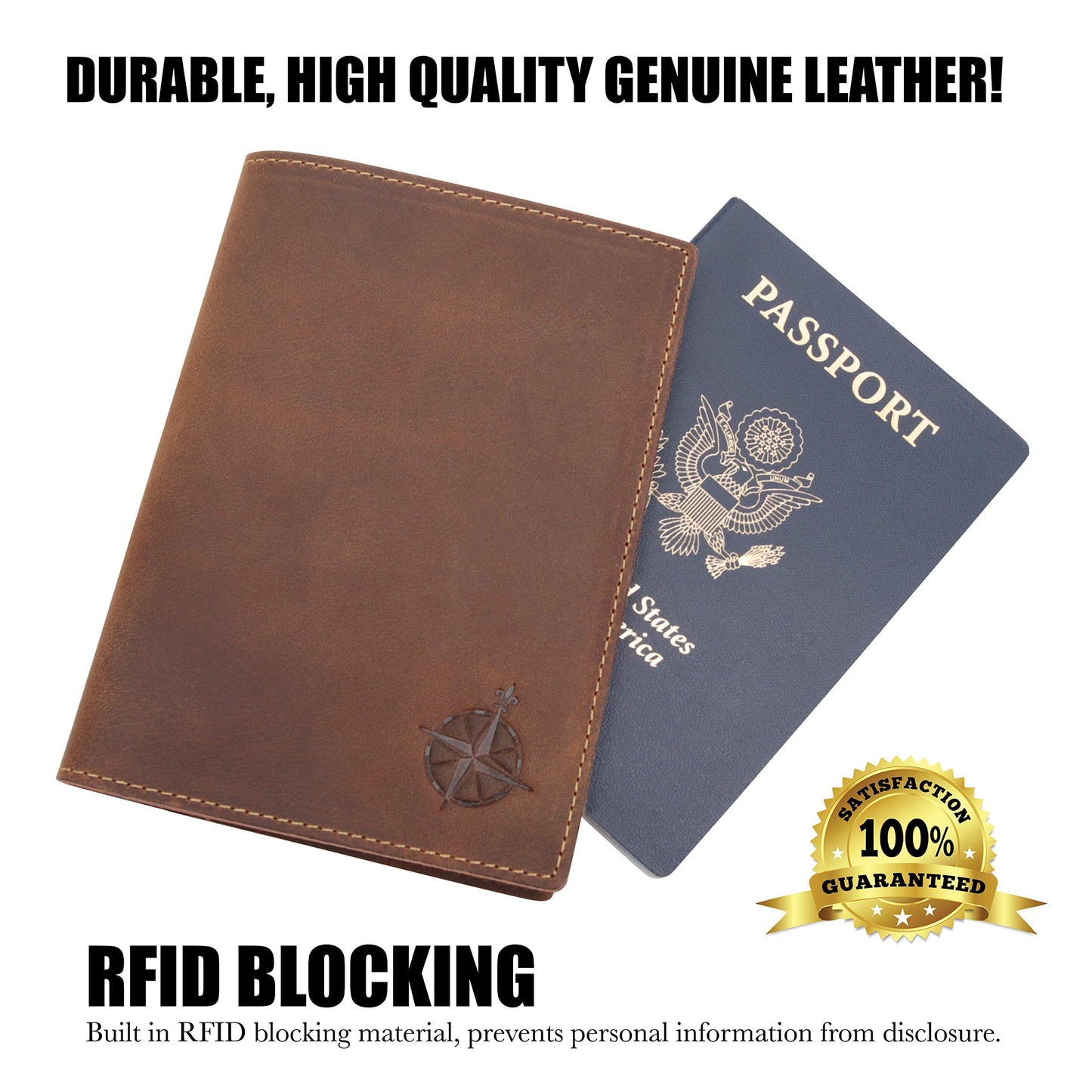 WANDERINGS Leather Travel Wallet with Passport Holder - 11x14 cm - Genuine Leather Case with RFID Blocking for Men and Women - Folding Wallet for Passports