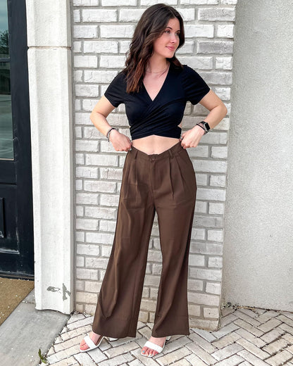 GRAPENT Business Pants - Old Money Style, High Waisted Wide Leg, Brown Chocolate Slacks for Women - Size XXL/20-22