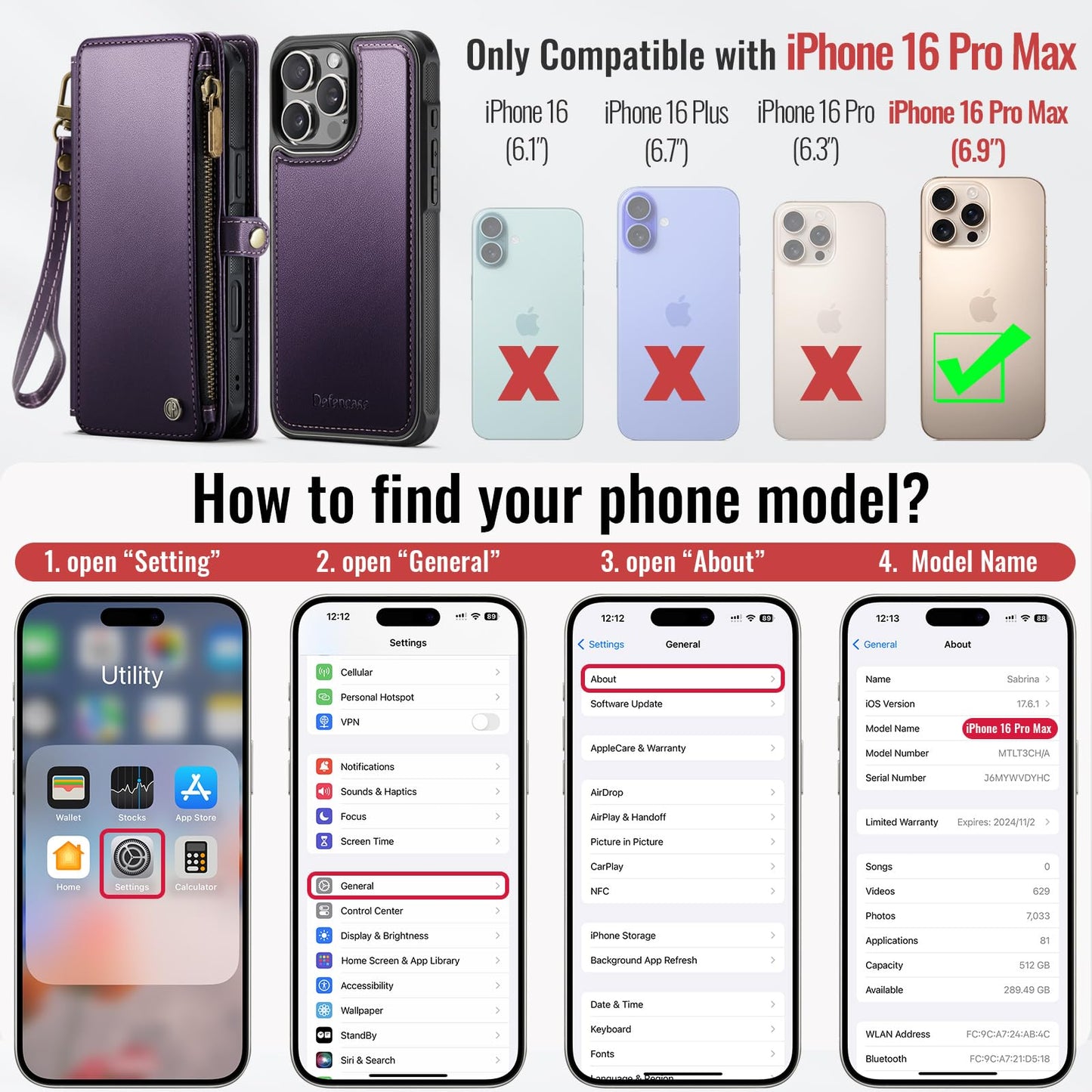 Defencase for iPhone 16 Pro Max Magnetic Wallet Case Compatible with Magsafe with RFID Blocking Zipper Strap Card Holder for Women Men PU Leather Detachable Case for iPhone 16 Pro Max (6.9"), Purple