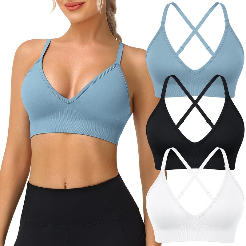 WANAYOU Sports Bras for Women, V Neck Adjustable Spaghetti Strap Criss Cross Sports Bra Padded Low Impact Wireless Seamless Sexy Bralettes for Athletic 3 Pack Black White Blue Medium