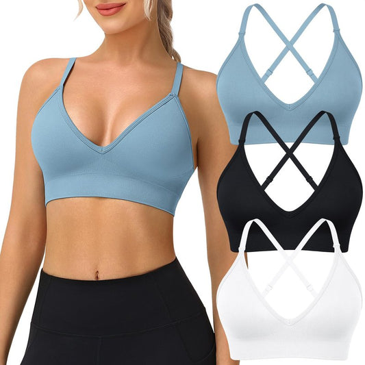 WANAYOU Sports Bras for Women, V Neck Adjustable Spaghetti Strap Criss Cross Sports Bra Padded Low Impact Wireless Seamless Sexy Bralettes for Athletic 3 Pack Black White Blue Medium