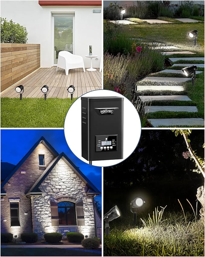 HIBOITEC 12W Low Voltage Landscape Lighting with 400W Transformer Photocell Sensor and Timer Connectors Spotlights Landscape Lights Kit IP65 Waterproof 2700K for House Yard Trees Outdoor 24 Packs