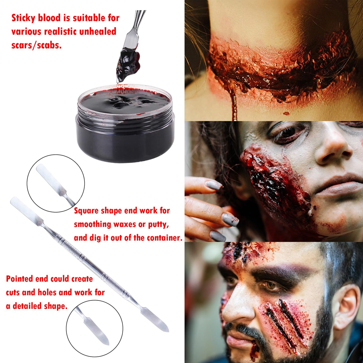 Professional Halloween SFX Special Effects Makeup Kits, Fake Blood, Scab Coagulated Blood Gel, 12 Colors Face Body Paint, Wound Modeling Scar Wax With Spatula Tool, Brushes, Stipple Sponge, Adhesive
