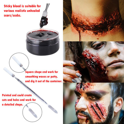Professional Halloween SFX Special Effects Makeup Kits, Fake Blood, Scab Coagulated Blood Gel, 12 Colors Face Body Paint, Wound Modeling Scar Wax With Spatula Tool, Brushes, Stipple Sponge, Adhesive