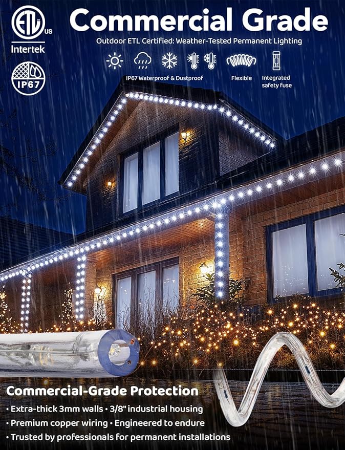 WYZworks 108LEDs 10ft LED Outside Rope Lights, Outdoor ETL Certified Waterproof Permanent 360 Degree Light Emitting, Flexible Tube, Connectable, Christmas Palm Tree Exterior Landscape, Cool White