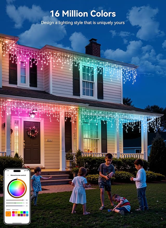 Smart Icicle Lights for Outside - 56ft 512 LED Color Changing Icicle Christmas Lights Outdoor - APP Controller 50+Preset Modes 16M Color Customize DIY Dynamic Lighting Effect