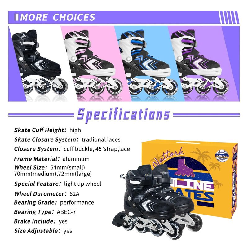 Nattork Adjustable Inline Skates for Girls and Boys with Full Light up Wheels, Beginner Roller Skates for Kids Youth Purple Pink Blue Black