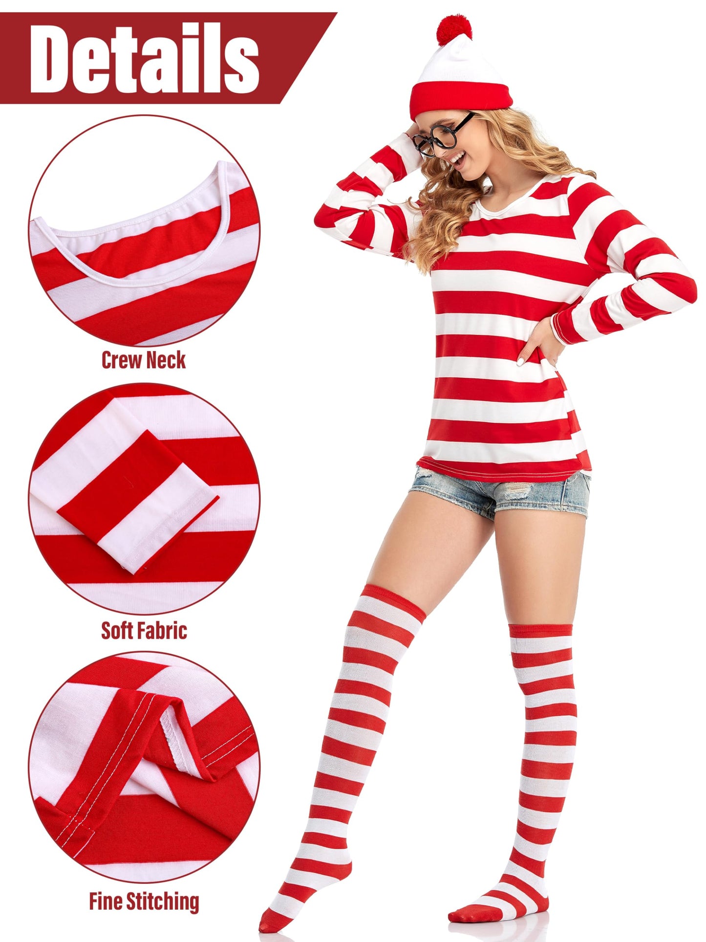 URATOT Halloween Women Costume Sets Red and White Striped T-shirt Knit Beanies Striped Socks Nerd Glasses