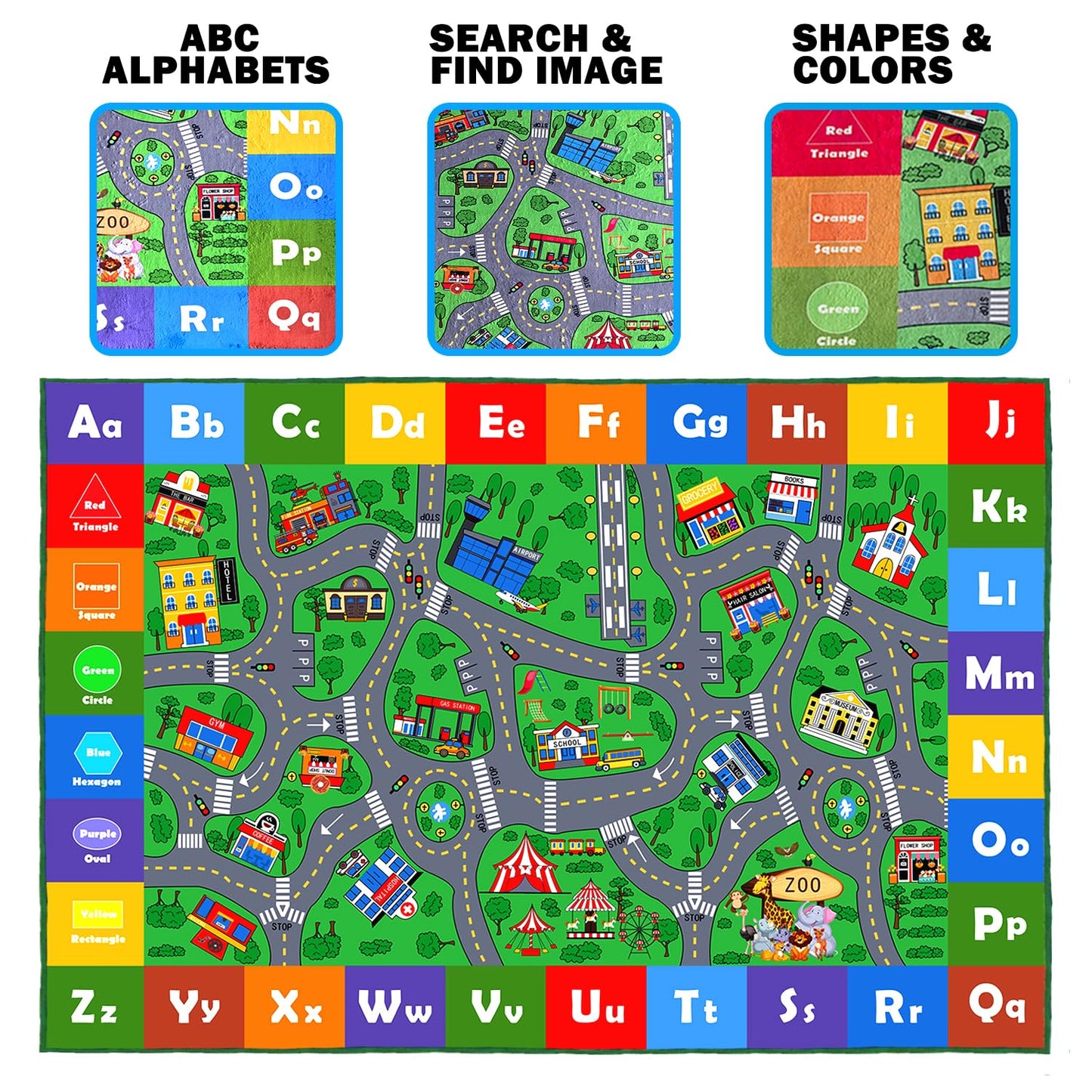 Mishareal Kids Play Mat, Soft Car Track Rug Educational Playmat Nursery Rugs Children Play Area Rug City Road Traffic Playroom Bedroom,4'11" x 3'3"