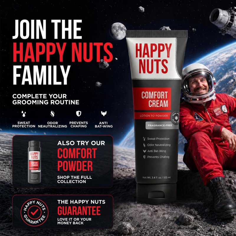 HAPPY NUTS Comfort Cream Deodorant For Men: Anti-Chafing Sweat Defense, Odor Control, Aluminum-Free Mens Deodorant & Hygiene Products for Men's Private Parts 3.4 Fl Oz (3 Pack), Fragrance-Free