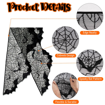 AerWo Halloween Decorations Indoor Fireplace Mantel Scarf, Black Lace Spiderweb Fireplace Cover for Halloween Mantle Decor Festive Party Supplies,20x79 inches