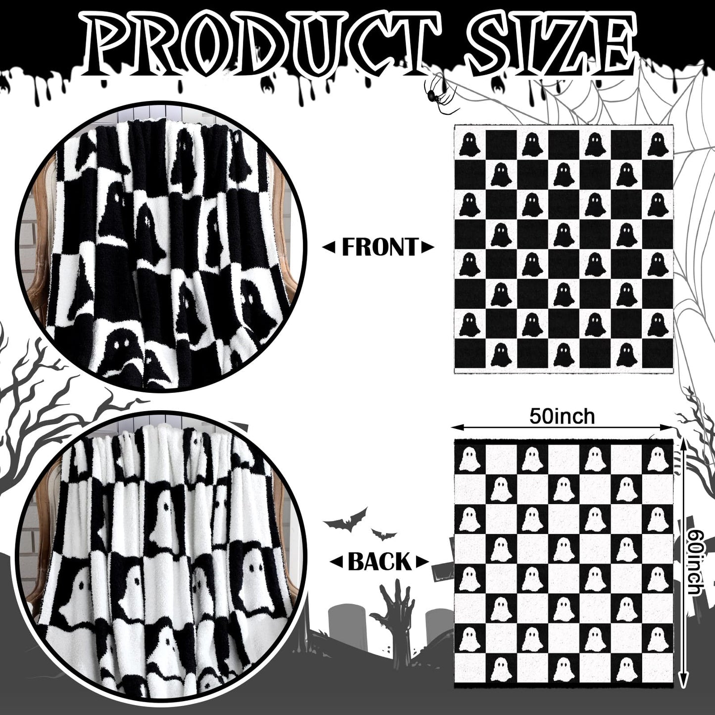 Buryeah Halloween Ghost Knit Throw Blanket, 50 x 60 Inch Spooky Ghost Reversible Knitted Throw Blanket, Cozy Lightweight Soft Gift for Couch Sofa Bed