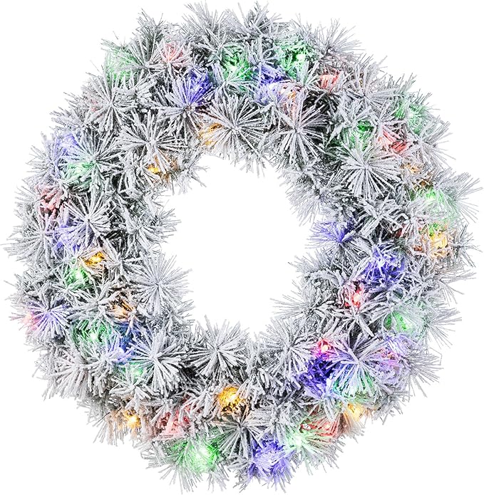 Glitzhome Pre-Lit Christmas Wreath with Lights for Front Door Wall Window Xmas Decor, Snow Flocked 24" D