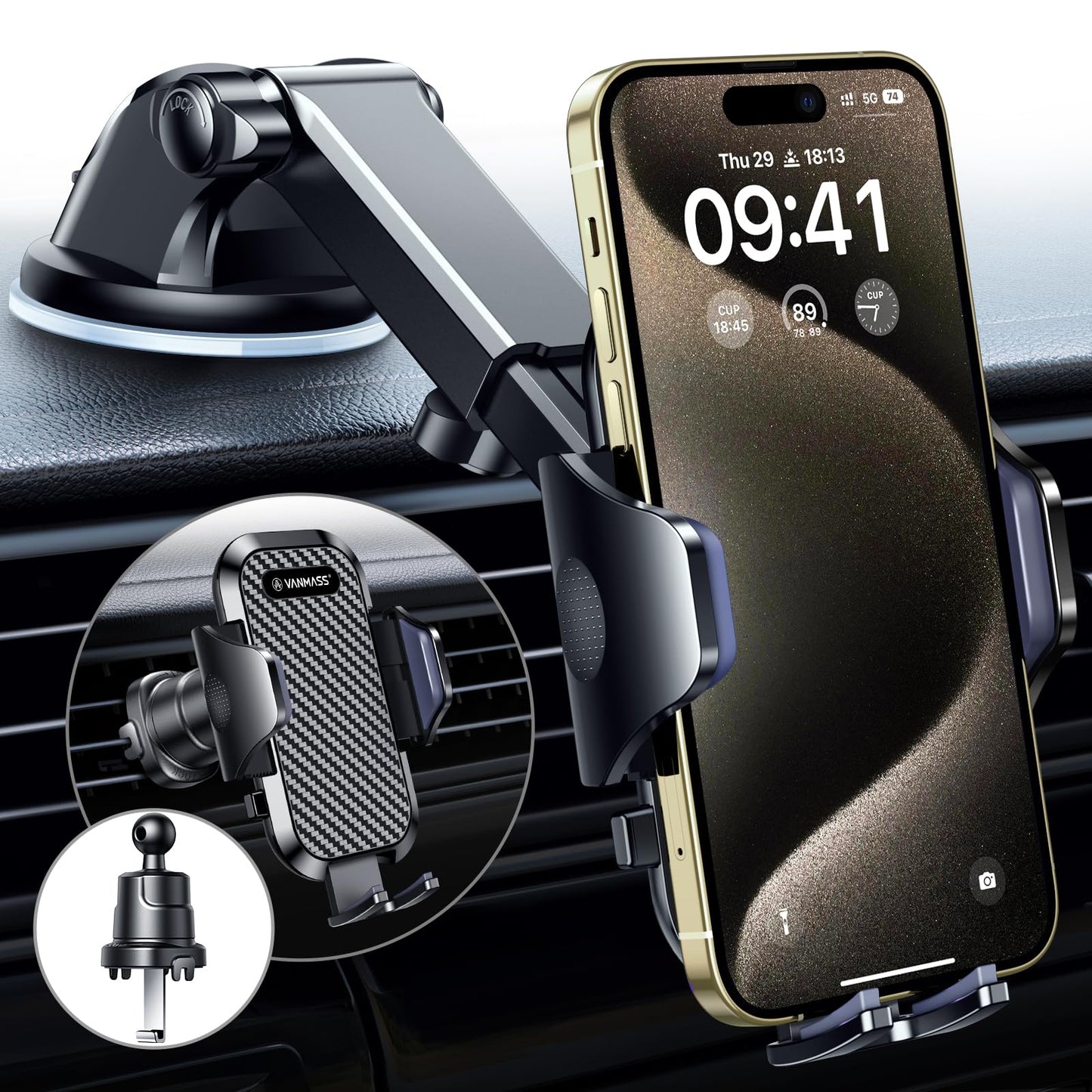 VANMASS 2025 BEST Car Phone Holder [Upgraded Suction & Clip]Rotatable Universal Mobile Phone Mount Dashboard Windscreen Vent Cradle Van Automobile Accessories for iPhone 16 Pro Max 15 14 13 12 Samsung