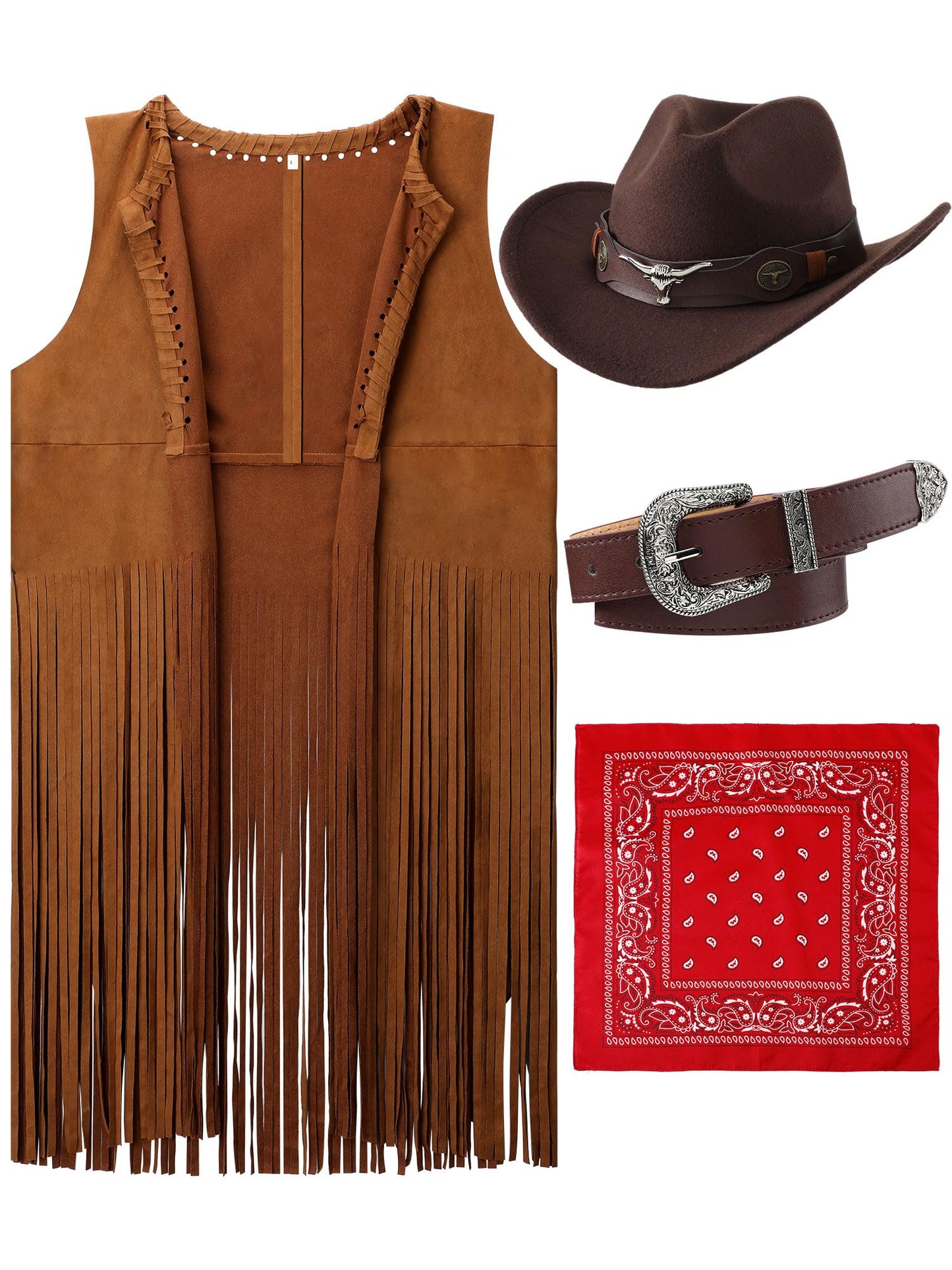 Hercicy Western Outfits for Women Cowgirl Tassel Sleeveless Vest Cowboy Hat Belt and Paisley Bandana for Halloween Dress Up (Brown,XL)