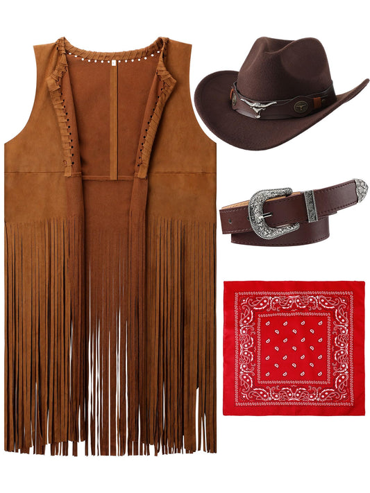 Hercicy Western Outfits for Women Cowgirl Tassel Sleeveless Vest Cowboy Hat Belt and Paisley Bandana for Halloween Dress Up (Brown,XL)
