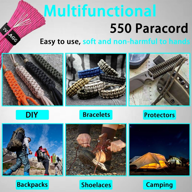 VVAAGG Pink Reflective Paracord Rope 100FT, 7 Strand Nylon para Cord Lanyard Utility 550 Parachute Cord, 4mm Thin Tent Rope for Outdoor Camping Hiking (Pink)