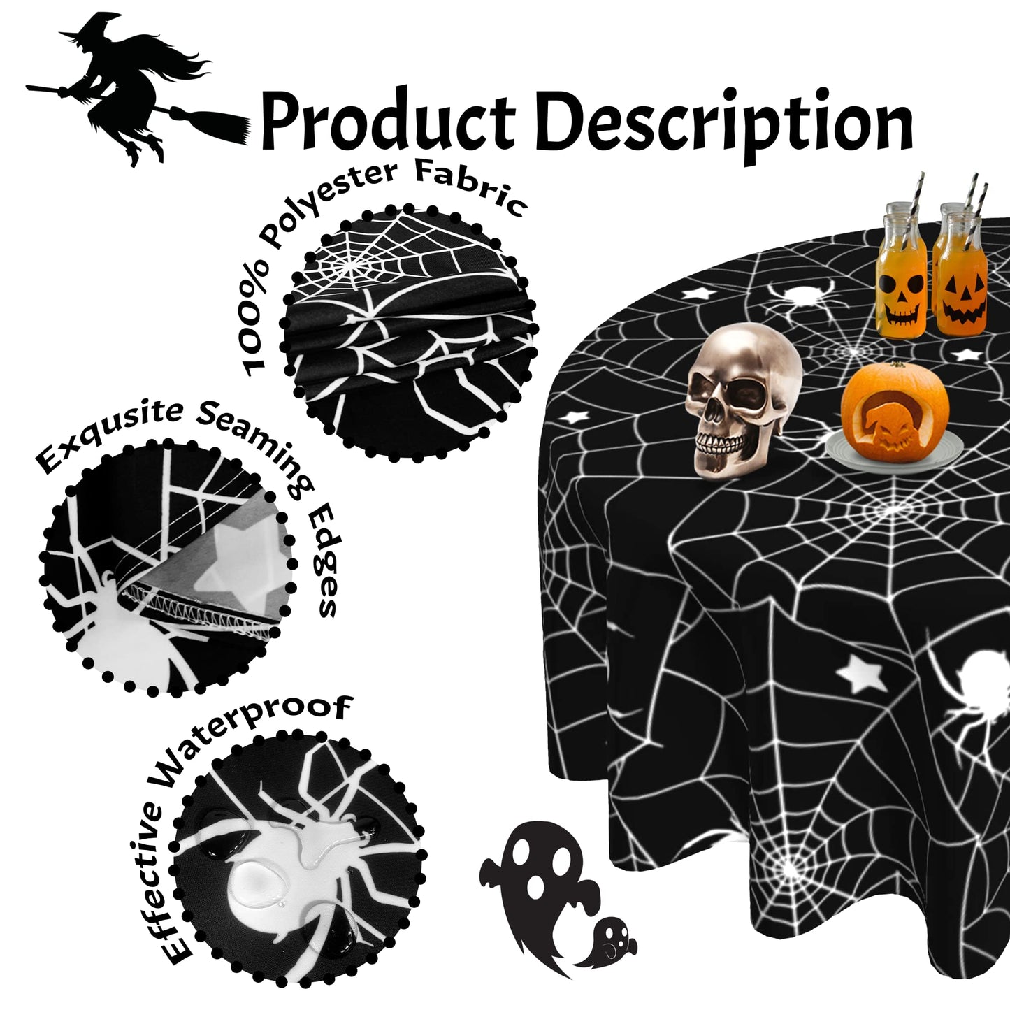 SuQKXCo Halloween Spider Web Round Tablecloth 60 Inch Stars Tablecover Anti-Wrinkle Waterproof Wipeable Table Cloth for Kitchen/Home Decoration