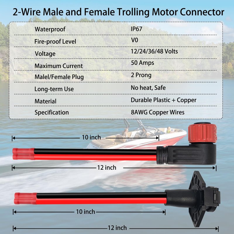 Trolling Motor Plug,12V/24V/26V/48V Trolling Motor Plug and Receptacle for Minn Kota Marine Boat,8 Gauge 2-Wire Quick Connect,Male&Female,Waterproof